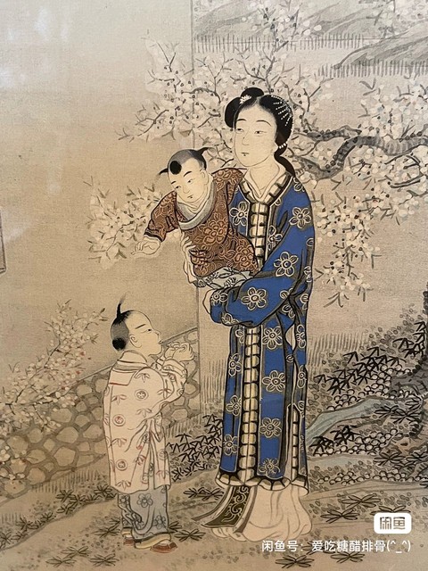 古玩字畫佚名工筆仕女育嬰圖鏡框真品鑒賞圖