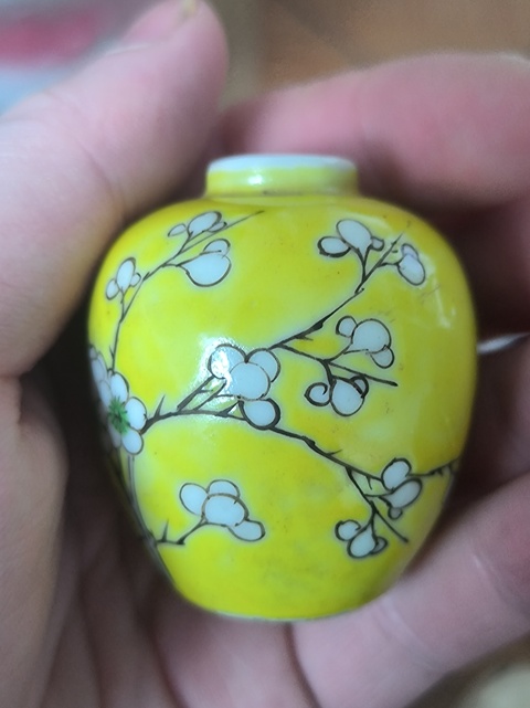 古玩陶瓷黃釉粉彩梅花紋罐真品鑒賞圖
