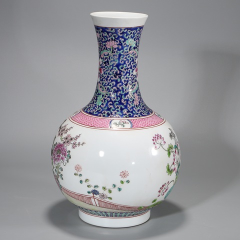 古玩陶瓷粉彩孔雀花卉紋賞瓶真品鑒賞圖