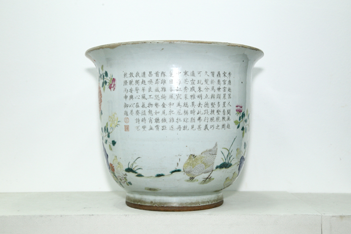 古玩陶瓷晚清·粉彩賈昌斗雞詩文大花盆拍賣,當(dāng)前價格11484元