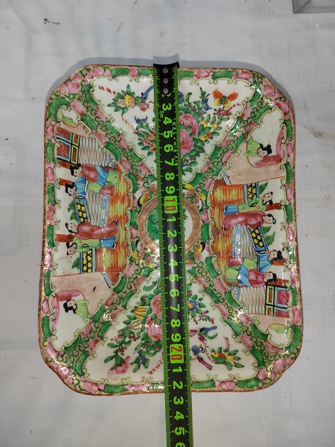 古玩陶瓷廣彩人物花鳥蝶紋四方倭角盤拍賣，當前價格1200元