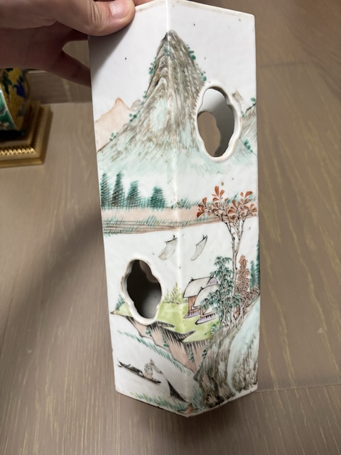 古玩陶瓷清光緒 周達和繪淺絳山水六方帽筒真品鑒賞圖