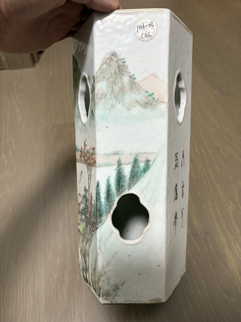 古玩陶瓷清光緒 周達和繪淺絳山水六方帽筒真品鑒賞圖