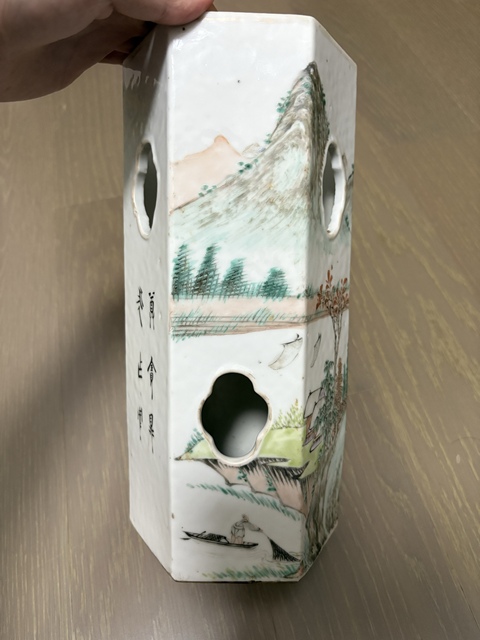古玩陶瓷清光緒 周達和繪淺絳山水六方帽筒真品鑒賞圖