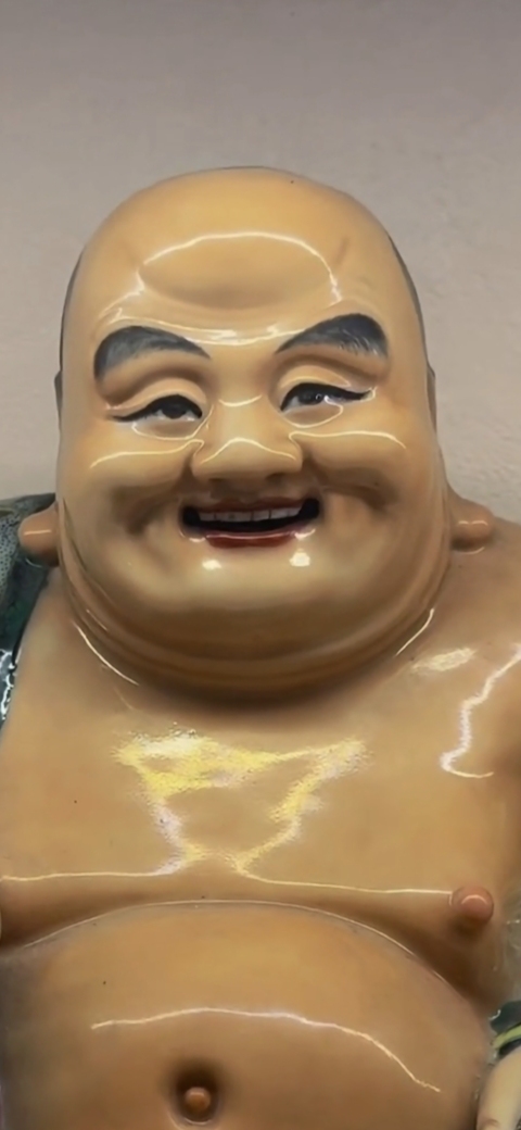 古玩陶瓷五彩花卉紋彌勒笑佛真品鑒賞圖
