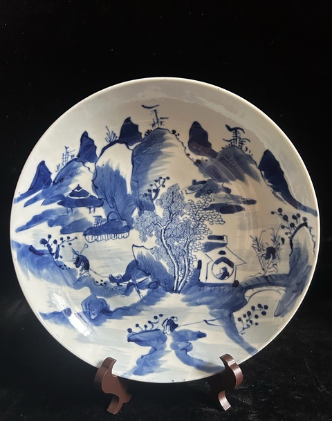 古玩陶瓷樵漁耕讀山水紋青花盤真品鑒賞圖