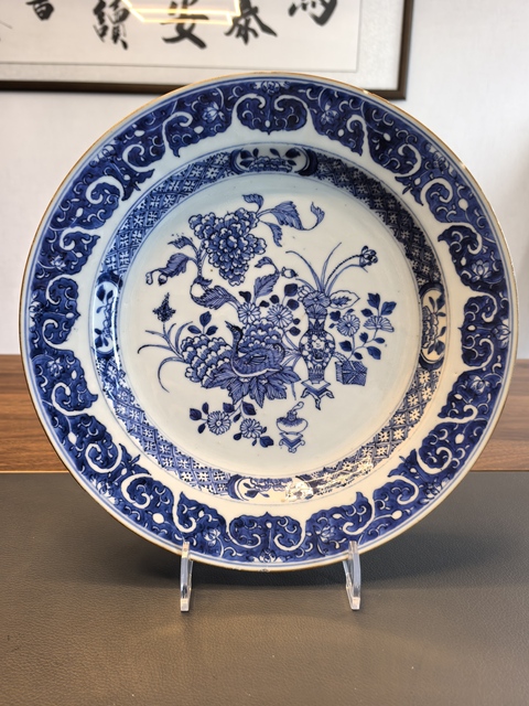 古玩陶瓷28厘米頂級翠毛藍康熙青花花鳥博古大盤拍賣，當前價格2980元