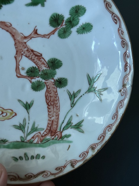 古玩陶瓷五彩松鷹雀盤真品鑒賞圖