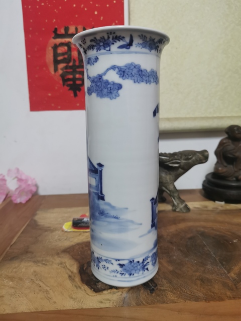 古玩陶瓷三娘教子圖青花花觚真品鑒賞圖