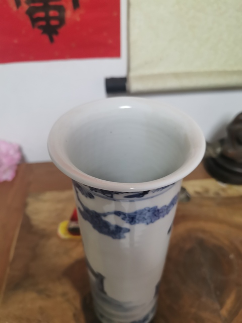 古玩陶瓷三娘教子圖青花花觚真品鑒賞圖