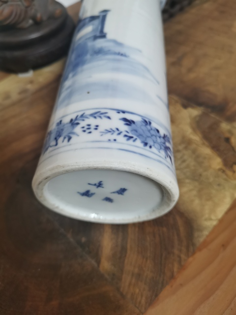 古玩陶瓷三娘教子圖青花花觚真品鑒賞圖
