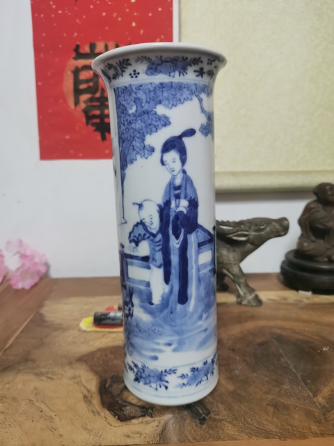 古玩陶瓷三娘教子圖青花花觚真品鑒賞圖