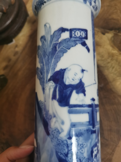 古玩陶瓷三娘教子圖青花花觚真品鑒賞圖