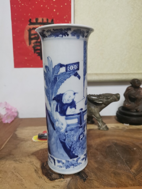 古玩陶瓷三娘教子圖青花花觚真品鑒賞圖