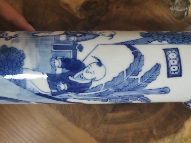 古玩陶瓷三娘教子青花花觚真品鑒賞圖