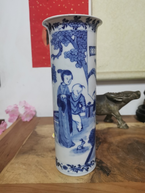 古玩陶瓷三娘教子青花花觚真品鑒賞圖