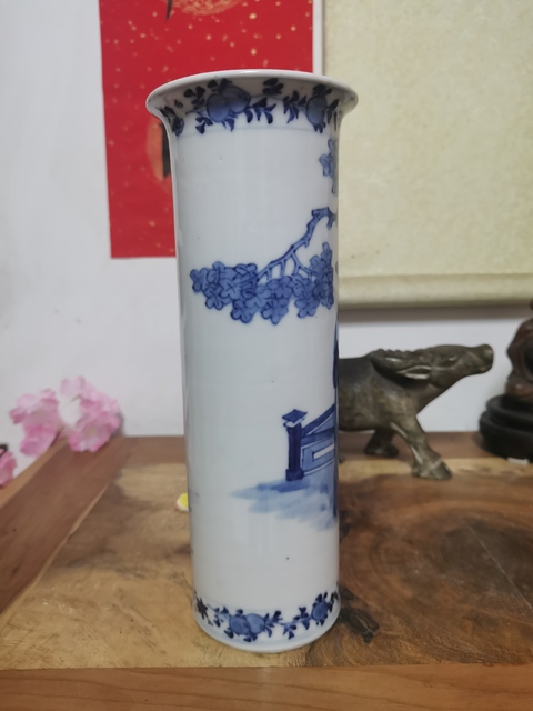 古玩陶瓷三娘教子青花花觚真品鑒賞圖