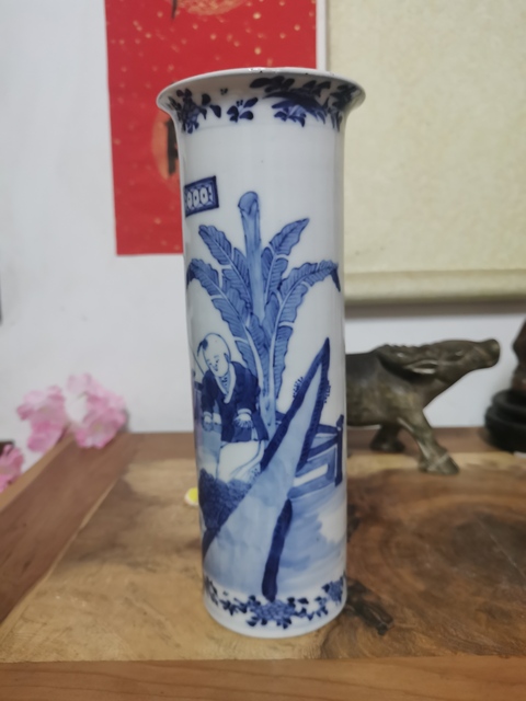 古玩陶瓷三娘教子青花花觚真品鑒賞圖