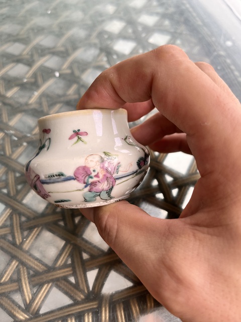 古玩陶瓷粉彩人物故事紋水盂真品鑒賞圖