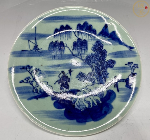 古玩陶瓷清中期豆青釉青花山水人物盤真品鑒賞圖