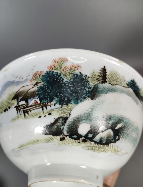 古玩陶瓷民國-淺絳彩山水人物茶碗拍賣,當前價格999元