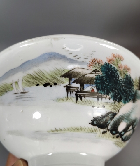 古玩陶瓷民國-淺絳彩山水人物茶碗拍賣,當前價格999元