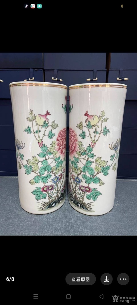 古玩陶瓷花蝶紋粉彩帽筒真品鑒賞圖