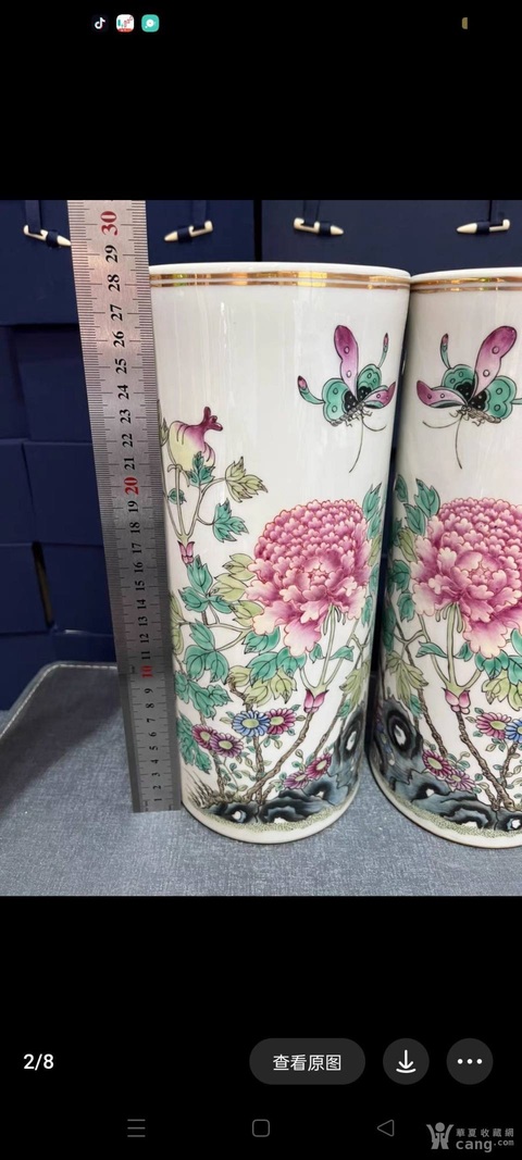 古玩陶瓷花蝶紋粉彩帽筒真品鑒賞圖