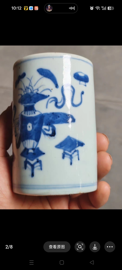 古玩陶瓷玉環底博古圖青花筆筒真品鑒賞圖