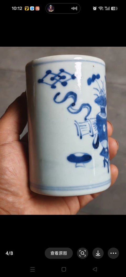 古玩陶瓷玉環底博古圖青花筆筒真品鑒賞圖