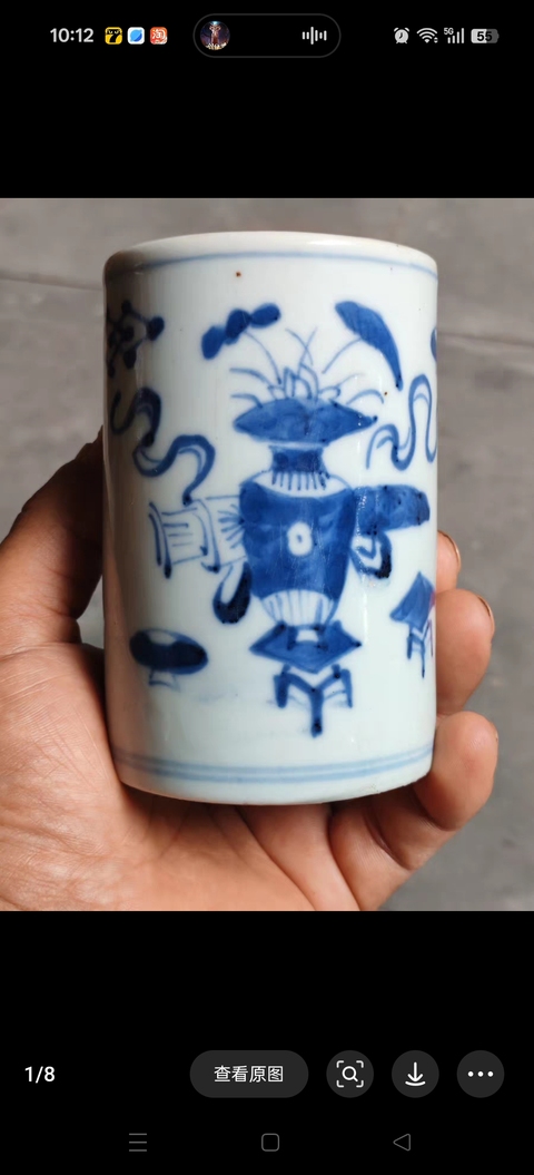 古玩陶瓷玉環底博古圖青花筆筒真品鑒賞圖