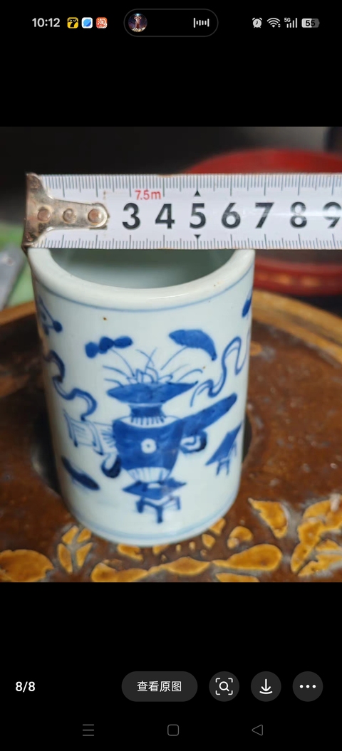 古玩陶瓷玉環底博古圖青花筆筒真品鑒賞圖
