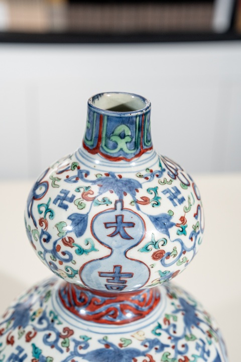 古玩陶瓷明萬歷青花五彩大吉圖葫蘆瓶真品鑒賞圖