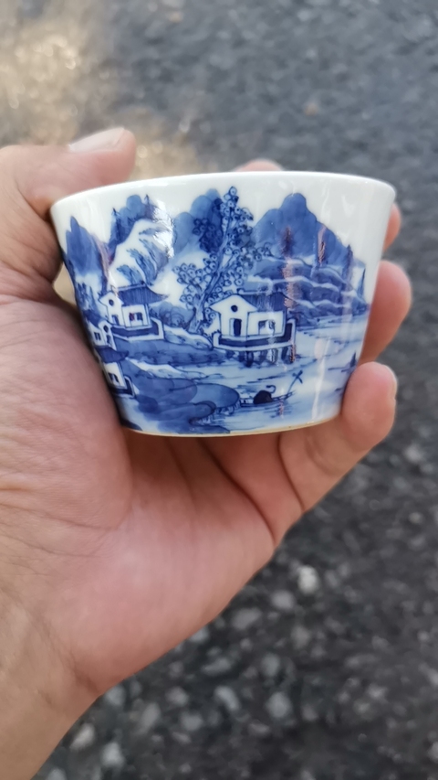 古玩陶瓷渭水投碧月嶗山入夢來青花杯真品鑒賞圖