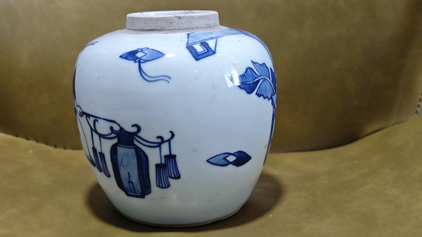 古玩陶瓷三娘教子圖青花罐真品鑒賞圖