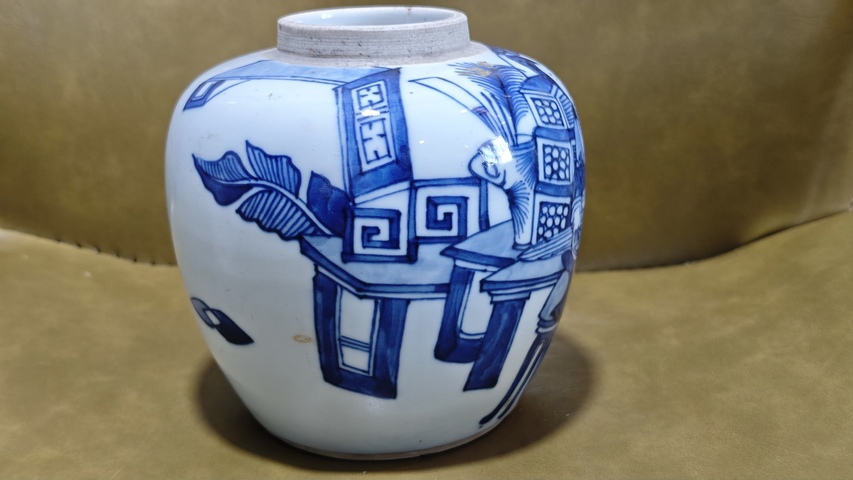 古玩陶瓷三娘教子圖青花罐真品鑒賞圖
