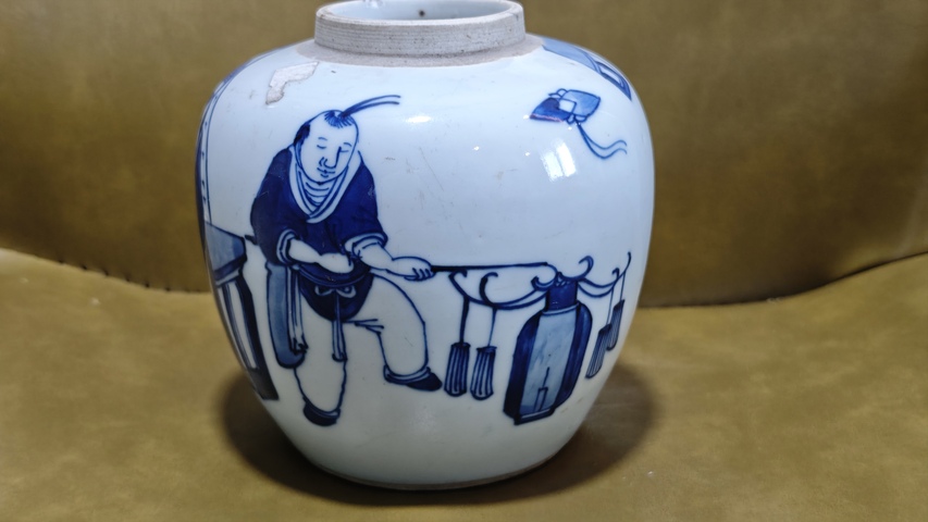 古玩陶瓷三娘教子圖青花罐真品鑒賞圖