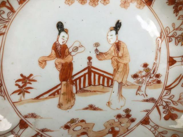 古玩陶瓷清康熙·礬紅描金花鳥仕女圖花口盤拍賣,當前價格598元