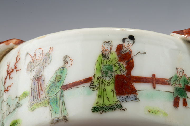 古玩陶瓷清晚·五彩人物故事紋雙蝠耳洗真品鑒賞圖