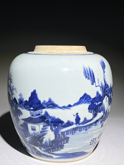 古玩陶瓷人物山水紋青花罐真品鑒賞圖