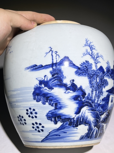 古玩陶瓷人物山水紋青花罐真品鑒賞圖