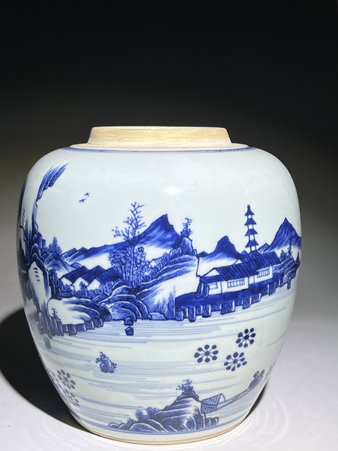 古玩陶瓷人物山水紋青花罐真品鑒賞圖