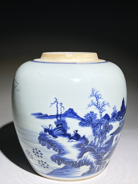 古玩陶瓷人物山水紋青花罐真品鑒賞圖