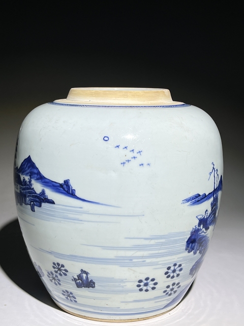 古玩陶瓷人物山水紋青花罐真品鑒賞圖