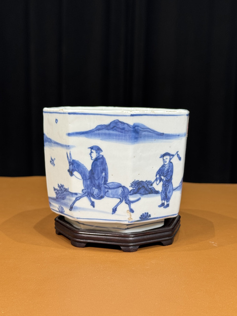 古玩陶瓷青花山水人物紋香爐真品鑒賞圖
