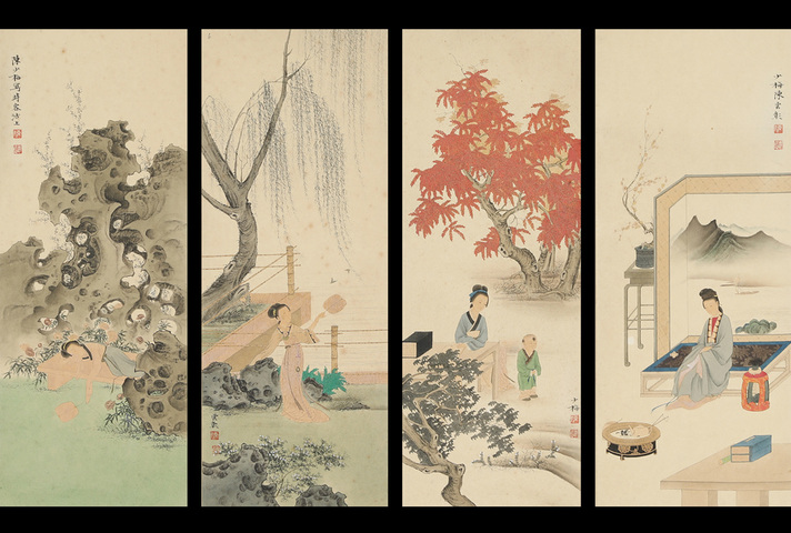 古玩字畫陳少梅款人物四屏真品鑒賞圖