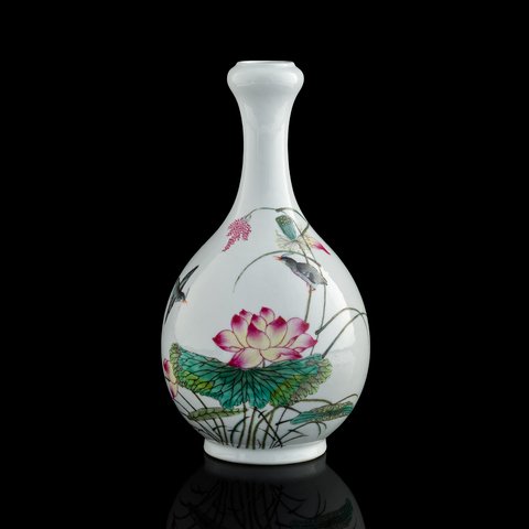 古玩陶瓷琺瑯彩風格花鳥紋蒜頭瓶真品鑒賞圖