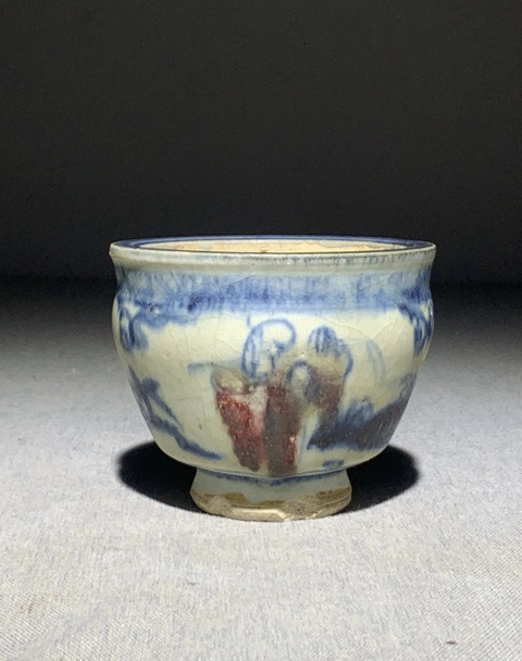 古玩陶瓷青花釉里紅嬰戲紋蒜臼子真品鑒賞圖