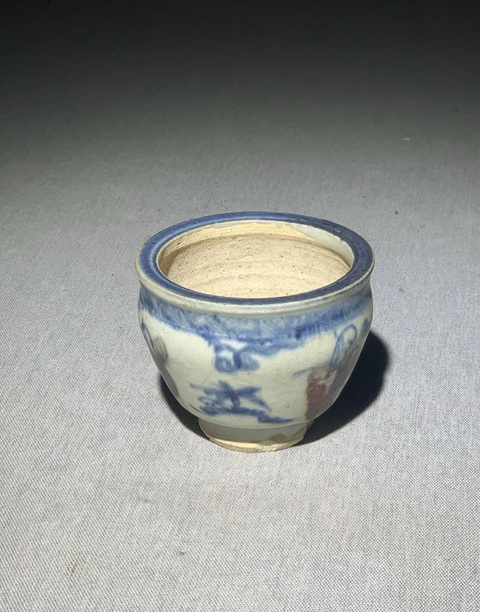 古玩陶瓷青花釉里紅嬰戲紋蒜臼子真品鑒賞圖