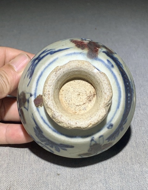 古玩陶瓷青花釉里紅嬰戲紋蒜臼子真品鑒賞圖